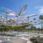 Custom architectural shade installation creating shaded public gathering spaces.