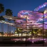 Custom architectural shade installation creating shaded public gathering spaces.