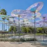 Custom architectural shade installation creating shaded public gathering spaces.