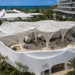 Luxury poolside sculptural canopy inspired by organic natural forms.