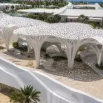Luxury poolside sculptural canopy inspired by organic natural forms.