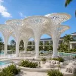 Luxury poolside sculptural canopy inspired by organic natural forms.