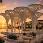 Luxury poolside sculptural canopy inspired by organic natural forms.