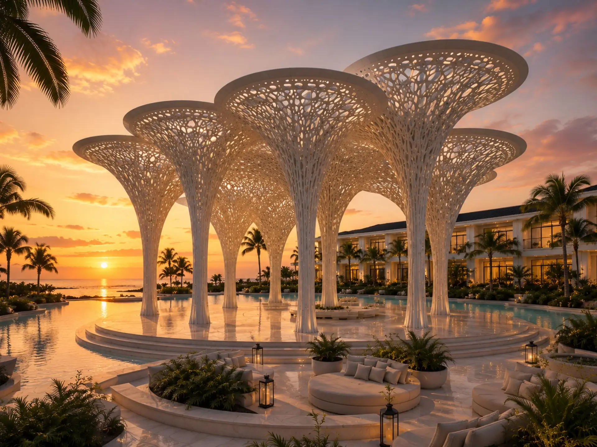 Luxury poolside sculptural canopy inspired by organic natural forms.