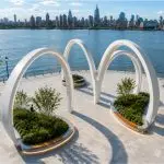 Organic steel shade canopy designed for a luxury marina promenade.