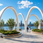 Organic steel shade canopy designed for a luxury marina promenade.