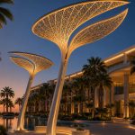 Luxury poolside sculptural canopy inspired by organic natural forms.