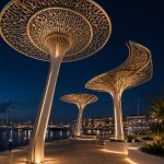 Organic steel shade canopy designed for a luxury marina promenade.