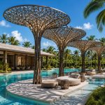 Contemporary sculptural shade structure overlooking a beachfront resort.