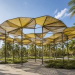 Custom architectural shade installation creating shaded public gathering spaces.