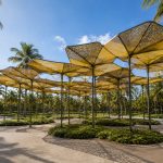 Custom architectural shade installation creating shaded public gathering spaces.