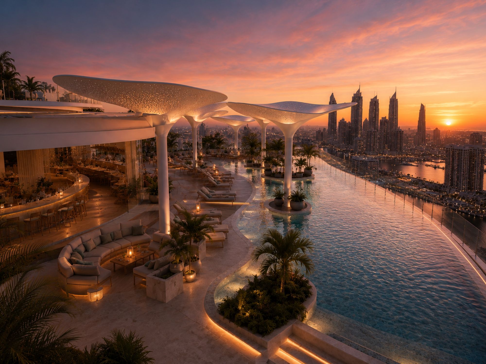 Organic architectural shade structure installed on a rooftop hospitality terrace.