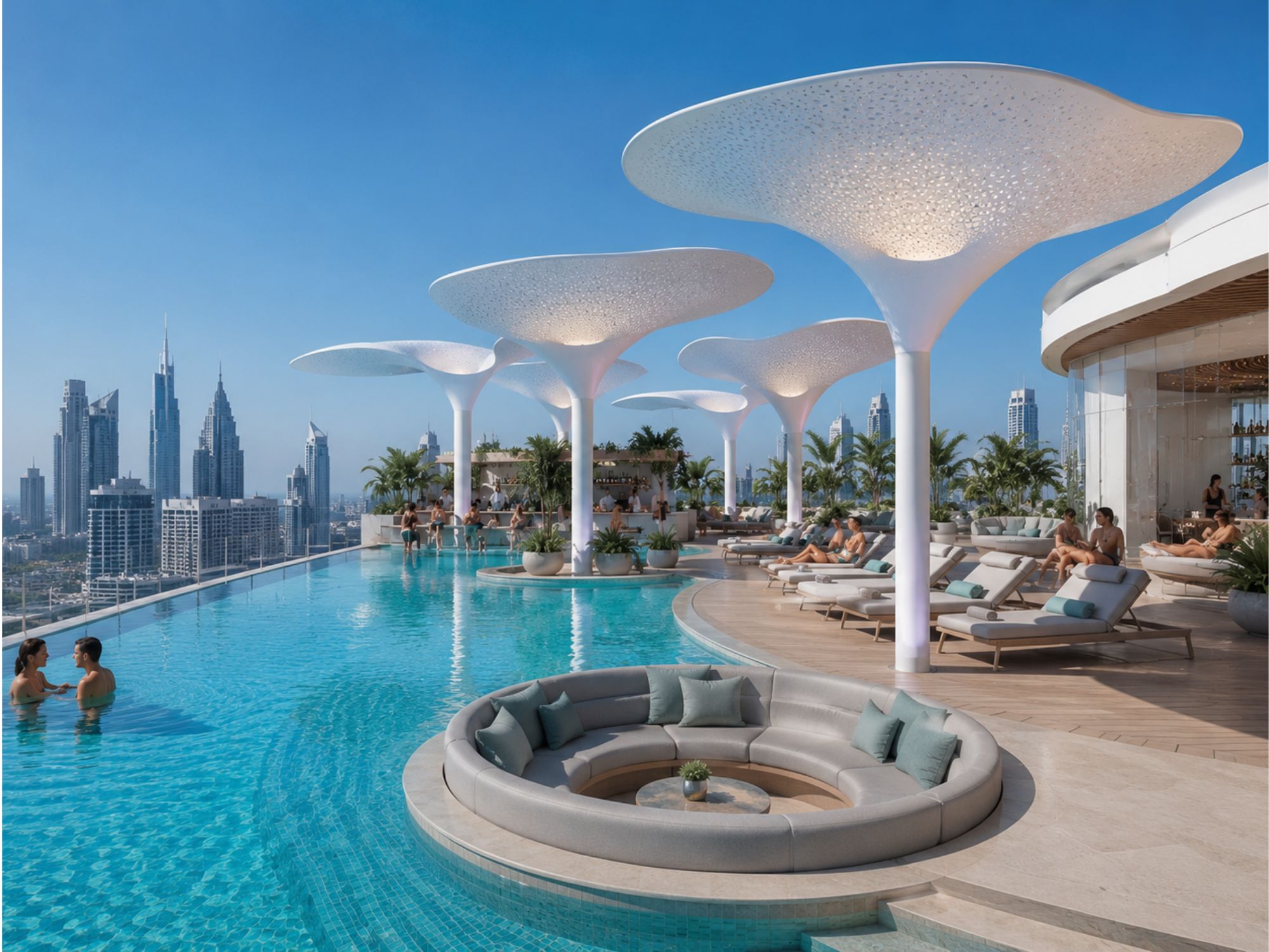 Organic architectural shade structure installed on a rooftop hospitality terrace.