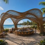 Contemporary sculptural shade structure overlooking a beachfront resort.