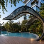 Luxury poolside sculptural canopy inspired by organic natural forms.