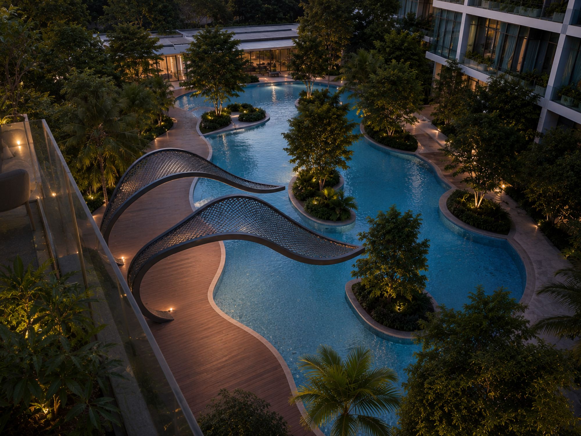 Luxury poolside sculptural canopy inspired by organic natural forms.